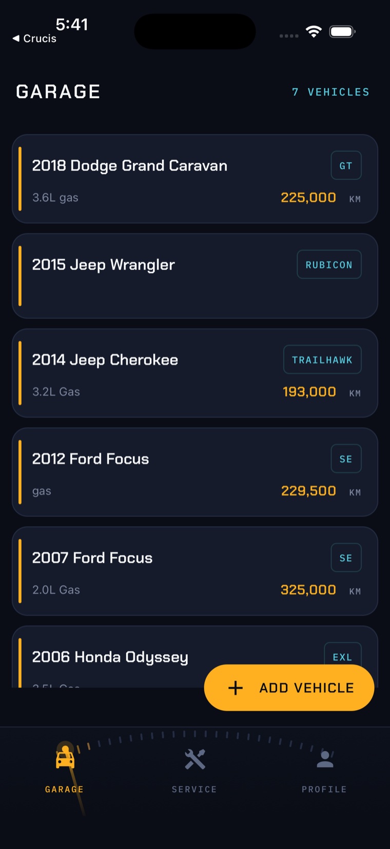 The MyCar Logs garage screen listing seven vehicles, each with its trim, engine and current mileage.