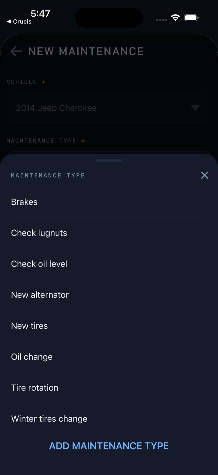 Logging a new service in MyCar Logs, with a picker open on maintenance types including brakes, oil change, tire rotation and winter tires change.