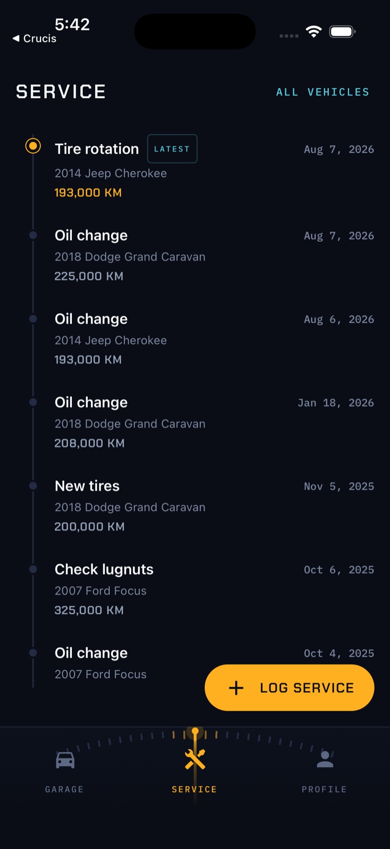 A combined service timeline in MyCar Logs showing tire rotations and oil changes across several vehicles, each entry dated and stamped with its mileage.