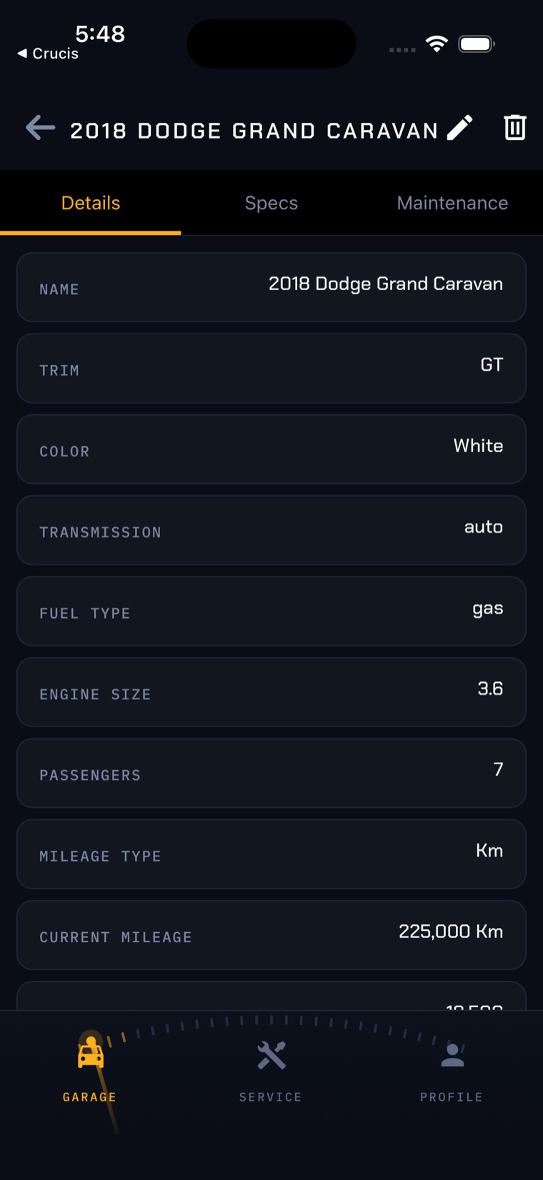 The vehicle details tab in MyCar Logs listing trim, colour, transmission, fuel type, engine size and current mileage.