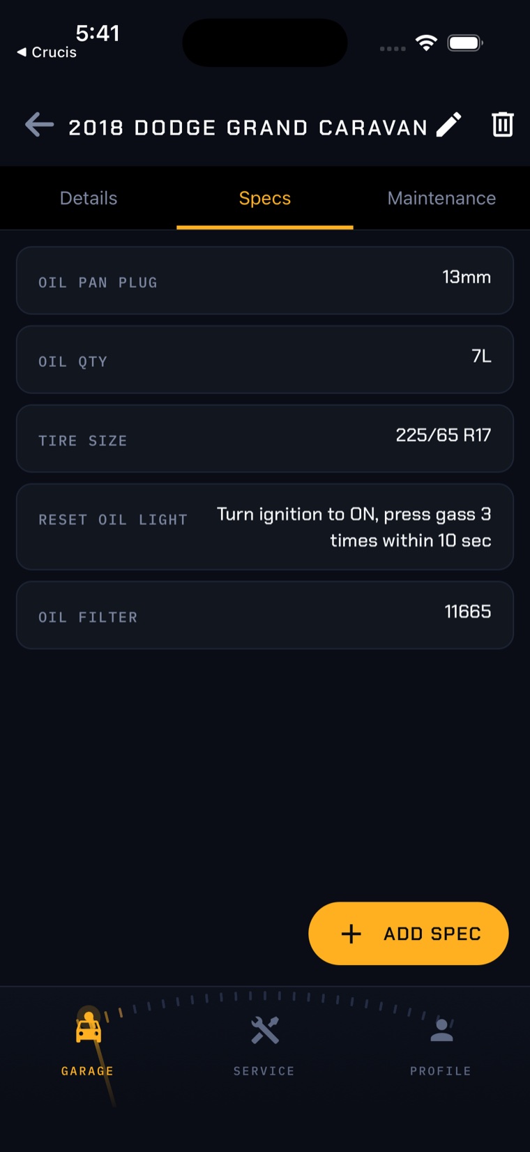 The vehicle specs tab in MyCar Logs listing oil pan plug size, oil quantity, tire size, oil filter part number and oil light reset steps.
